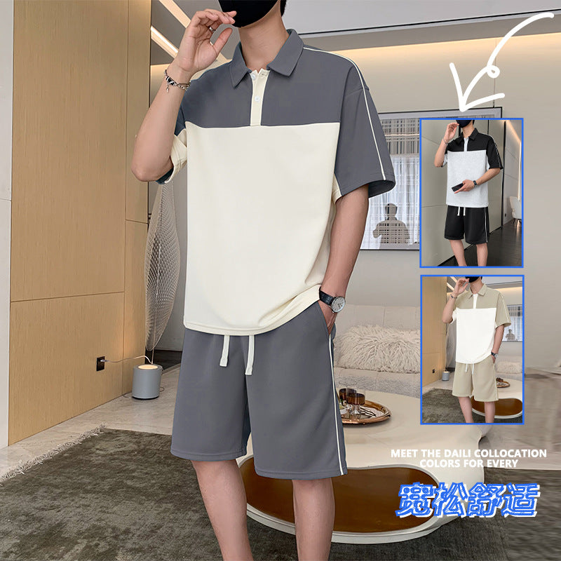Cross-Border Summer Short-Sleeved T-Shirt Men's Lapel Polo Shirt Loose Casual Suit Youth Men's Wear Matching Set