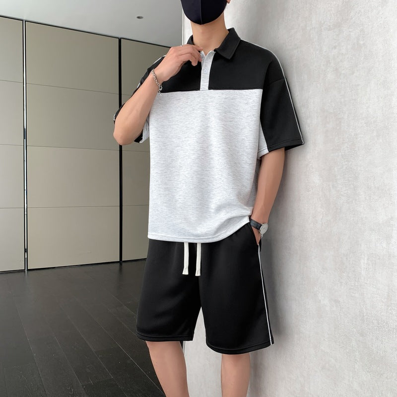 Cross-Border Summer Short-Sleeved T-Shirt Men's Lapel Polo Shirt Loose Casual Suit Youth Men's Wear Matching Set