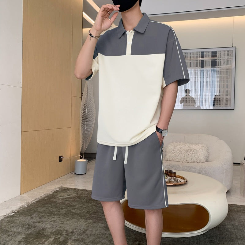 Cross-Border Summer Short-Sleeved T-Shirt Men's Lapel Polo Shirt Loose Casual Suit Youth Men's Wear Matching Set