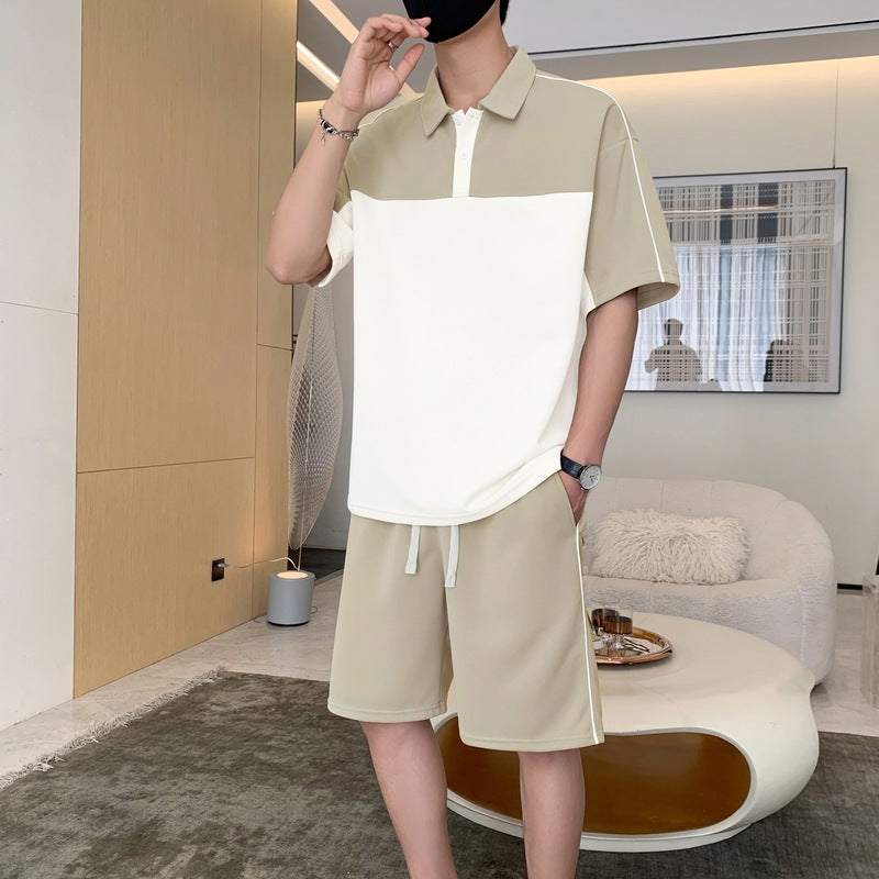 Cross-Border Summer Short-Sleeved T-Shirt Men's Lapel Polo Shirt Loose Casual Suit Youth Men's Wear Matching Set