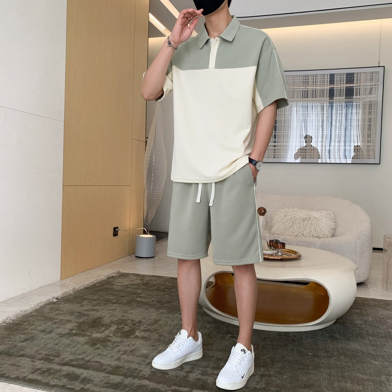 Cross-Border Summer Short-Sleeved T-Shirt Men's Lapel Polo Shirt Loose Casual Suit Youth Men's Wear Matching Set