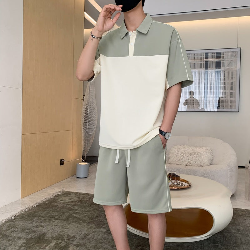 Cross-Border Summer Short-Sleeved T-Shirt Men's Lapel Polo Shirt Loose Casual Suit Youth Men's Wear Matching Set