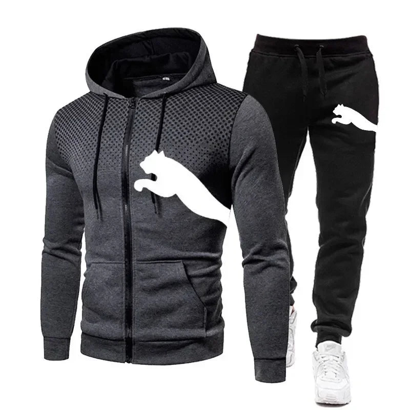 Two-piece Set of Men's Casual Outdoor Sportswear for Autumn, Men's Two-piece Set of Zippered Hooded Sweatshirt and Sweatpants
