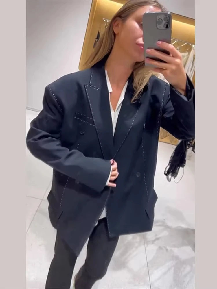 Women Casual Women's Blazer Pant Suits Loose Lapel Doube-Breasted Top Straight Pants Lady Set 2025 Autumn New 2 Pieces Set