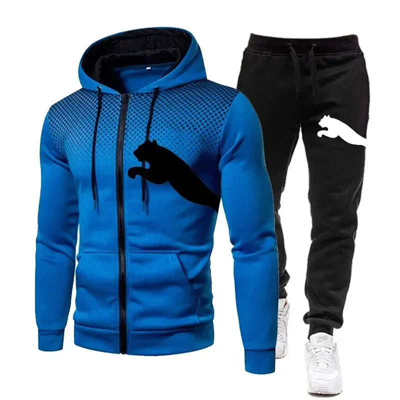 Two-piece Set of Men's Casual Outdoor Sportswear for Autumn, Men's Two-piece Set of Zippered Hooded Sweatshirt and Sweatpants