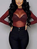Sexy Women T Shirt See Through Transparent Mesh Tops Long Sleeve Sheer Slim Ladies Turtleneck T-Shirt