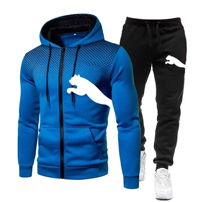 Two-piece Set of Men's Casual Outdoor Sportswear for Autumn, Men's Two-piece Set of Zippered Hooded Sweatshirt and Sweatpants