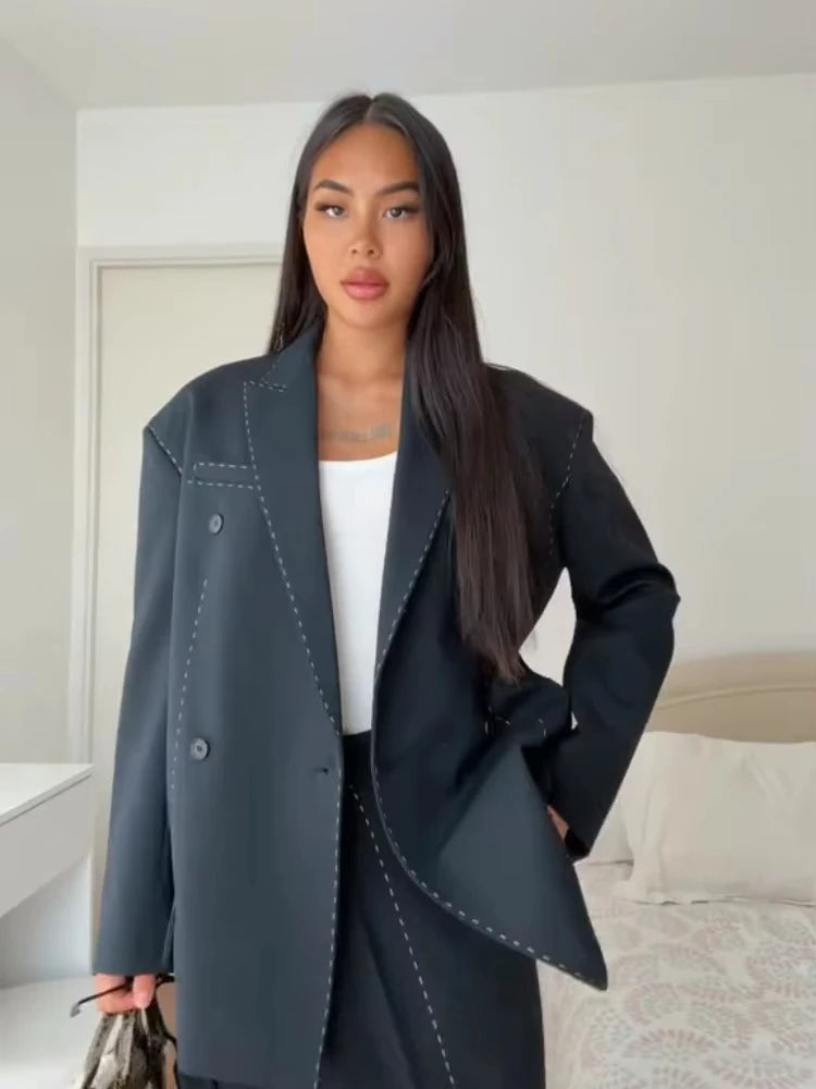 Women Casual Women's Blazer Pant Suits Loose Lapel Doube-Breasted Top Straight Pants Lady Set 2025 Autumn New 2 Pieces Set
