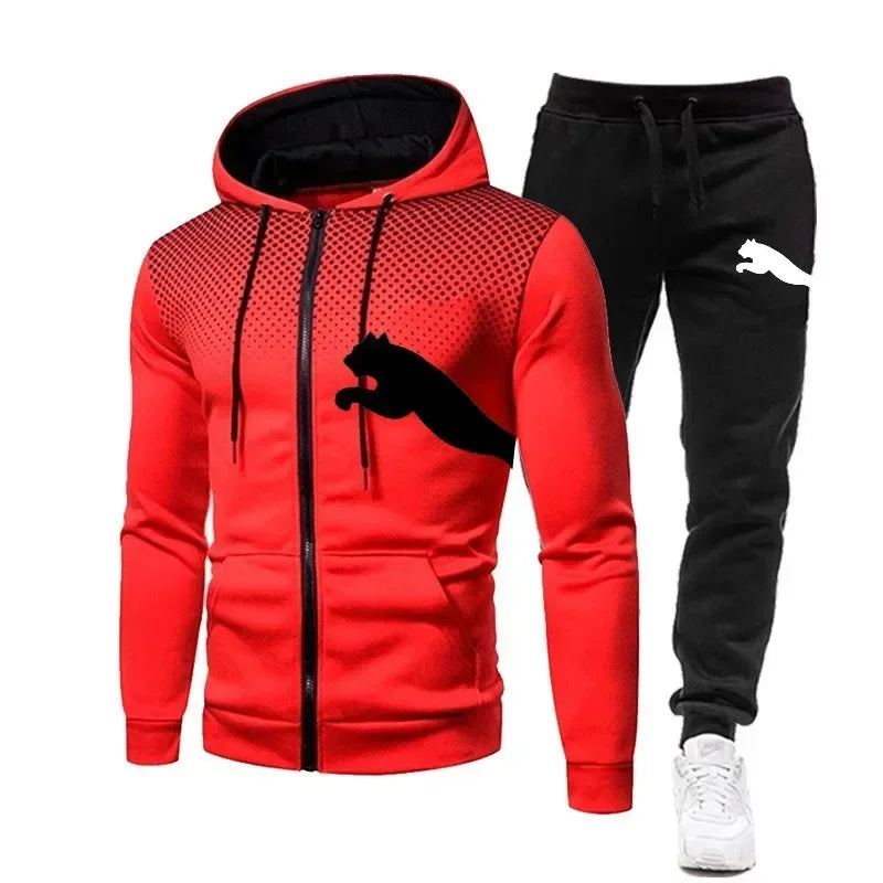 Two-piece Set of Men's Casual Outdoor Sportswear for Autumn, Men's Two-piece Set of Zippered Hooded Sweatshirt and Sweatpants