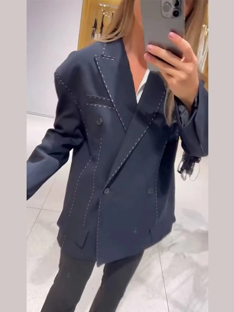 Women Casual Women's Blazer Pant Suits Loose Lapel Doube-Breasted Top Straight Pants Lady Set 2025 Autumn New 2 Pieces Set