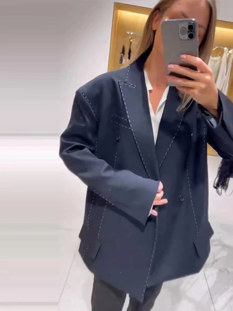 Women Casual Women's Blazer Pant Suits Loose Lapel Doube-Breasted Top Straight Pants Lady Set 2025 Autumn New 2 Pieces Set