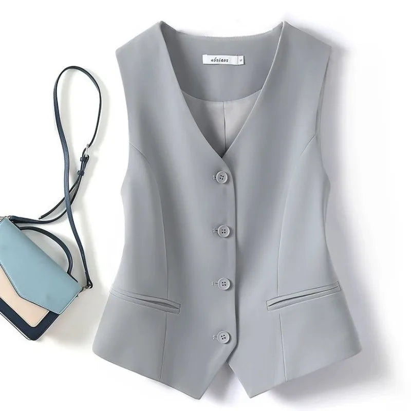 Suit Vests Women Simple Single Breasted V-neck Sleeveless Coats Daily Outwear Aesthetic Korean Style Slim All-match Trendy New