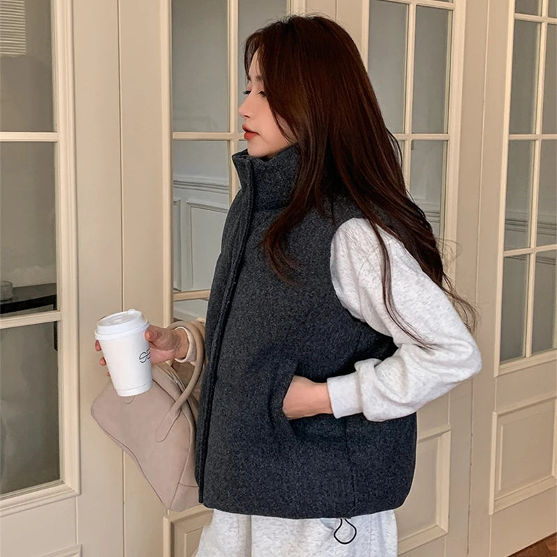 Short Down cotton Vest Women's 2025 Korean Fashion New Stand-up Sleeveless Zipper Student Vest Jacket Black Gray Waistcoat Tide
