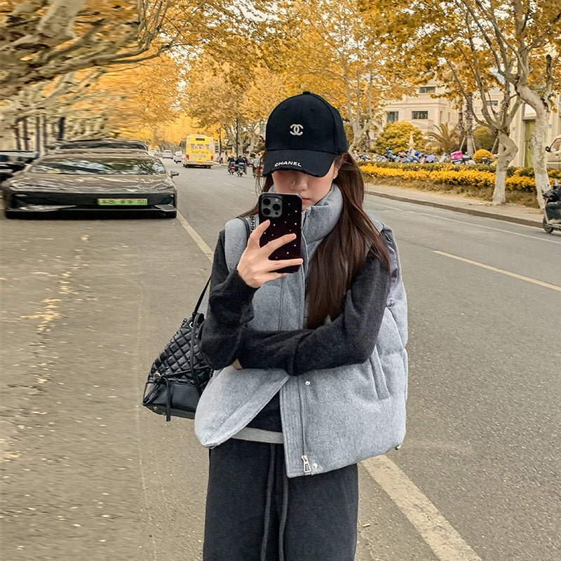 Short Down cotton Vest Women's 2025 Korean Fashion New Stand-up Sleeveless Zipper Student Vest Jacket Black Gray Waistcoat Tide