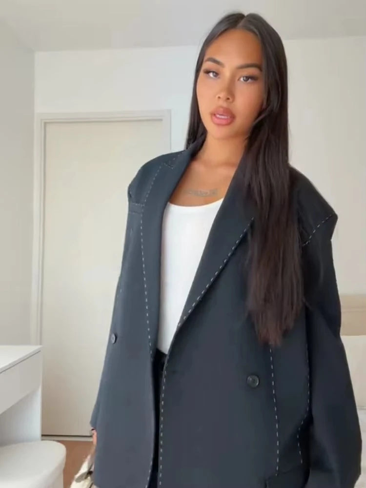Women Casual Women's Blazer Pant Suits Loose Lapel Doube-Breasted Top Straight Pants Lady Set 2025 Autumn New 2 Pieces Set