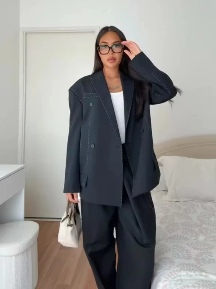 Women Casual Women's Blazer Pant Suits Loose Lapel Doube-Breasted Top Straight Pants Lady Set 2025 Autumn New 2 Pieces Set