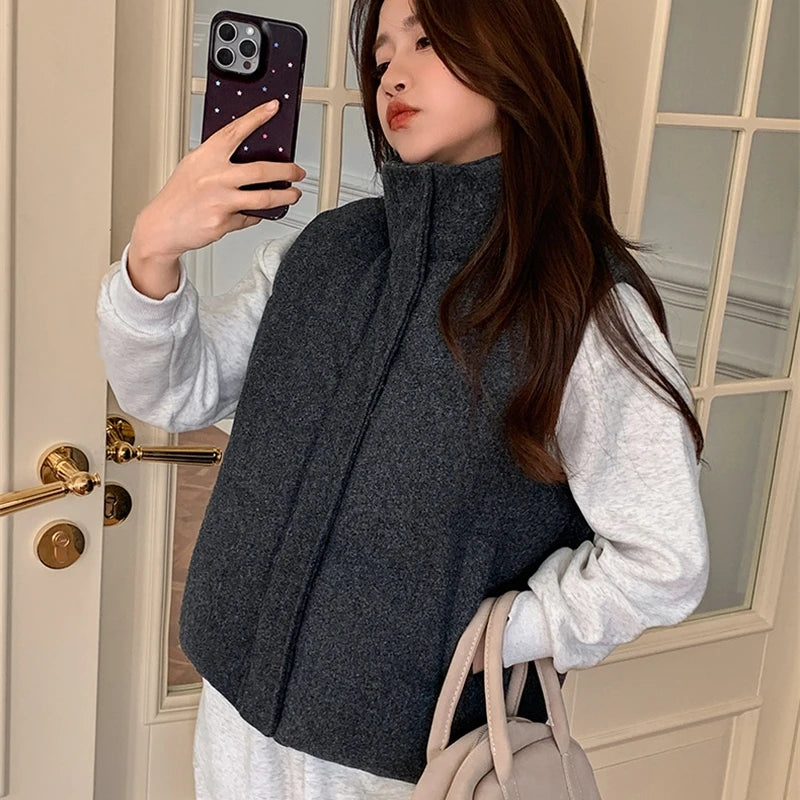 Short Down cotton Vest Women's 2025 Korean Fashion New Stand-up Sleeveless Zipper Student Vest Jacket Black Gray Waistcoat Tide