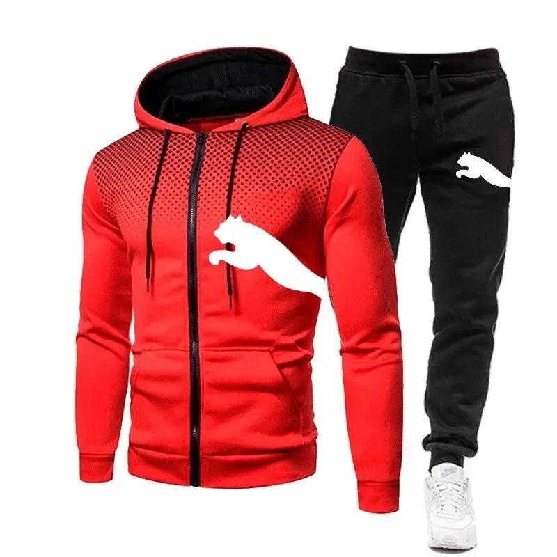 Two-piece Set of Men's Casual Outdoor Sportswear for Autumn, Men's Two-piece Set of Zippered Hooded Sweatshirt and Sweatpants