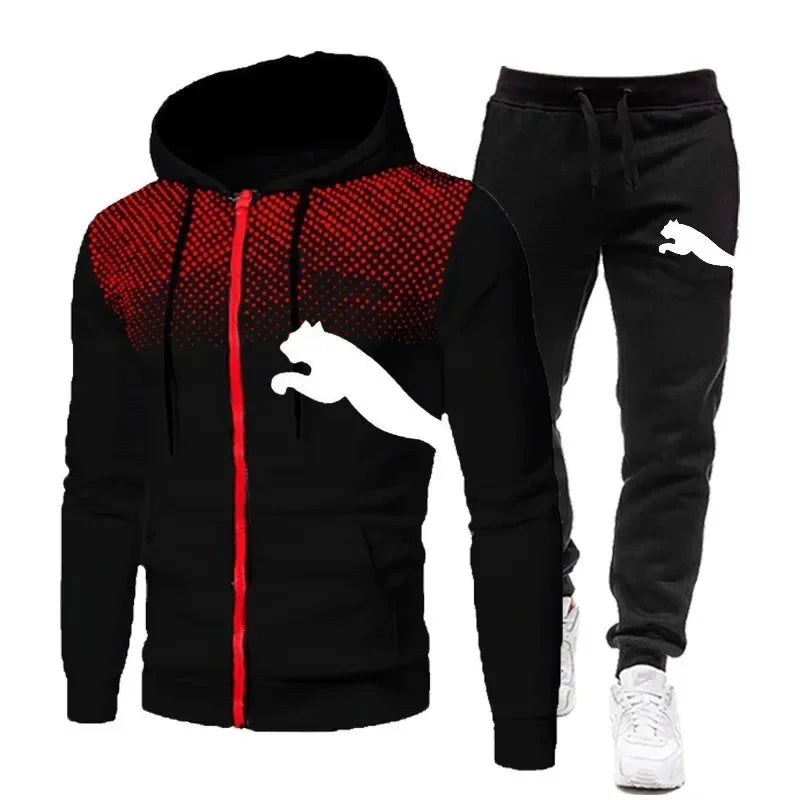 Two-piece Set of Men's Casual Outdoor Sportswear for Autumn, Men's Two-piece Set of Zippered Hooded Sweatshirt and Sweatpants