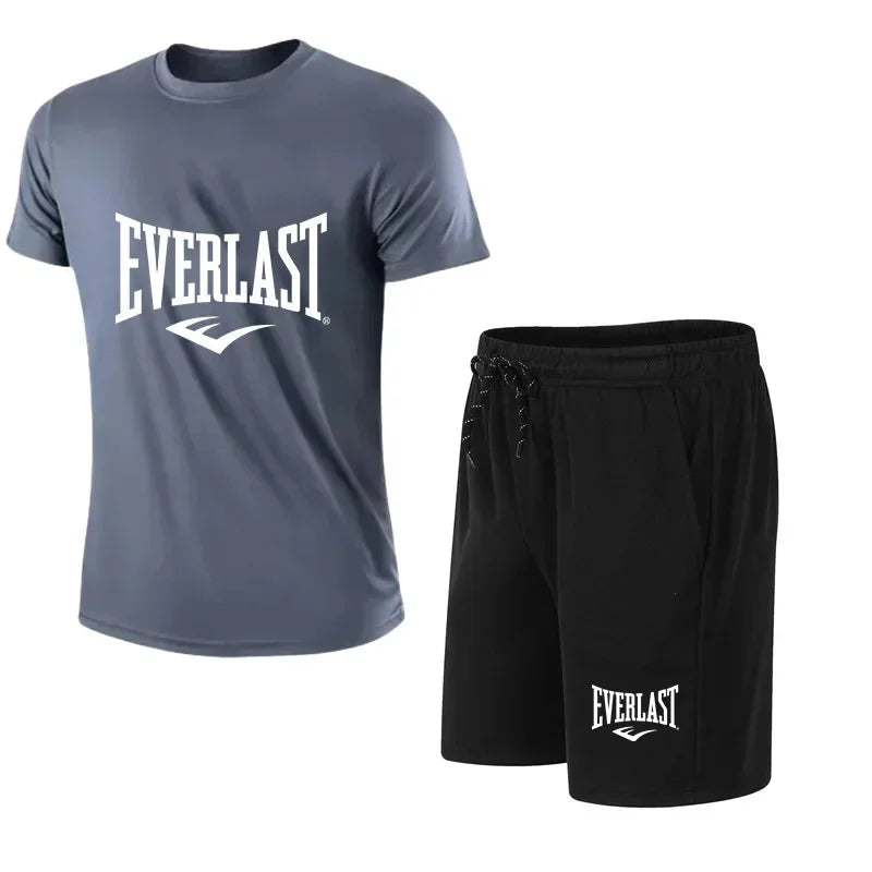 EVERLAST Men's T-shirt + Shorts 2pcs Set Leisure Breath Short Sleeve Sport Jogging Gym Brand Print Clothing