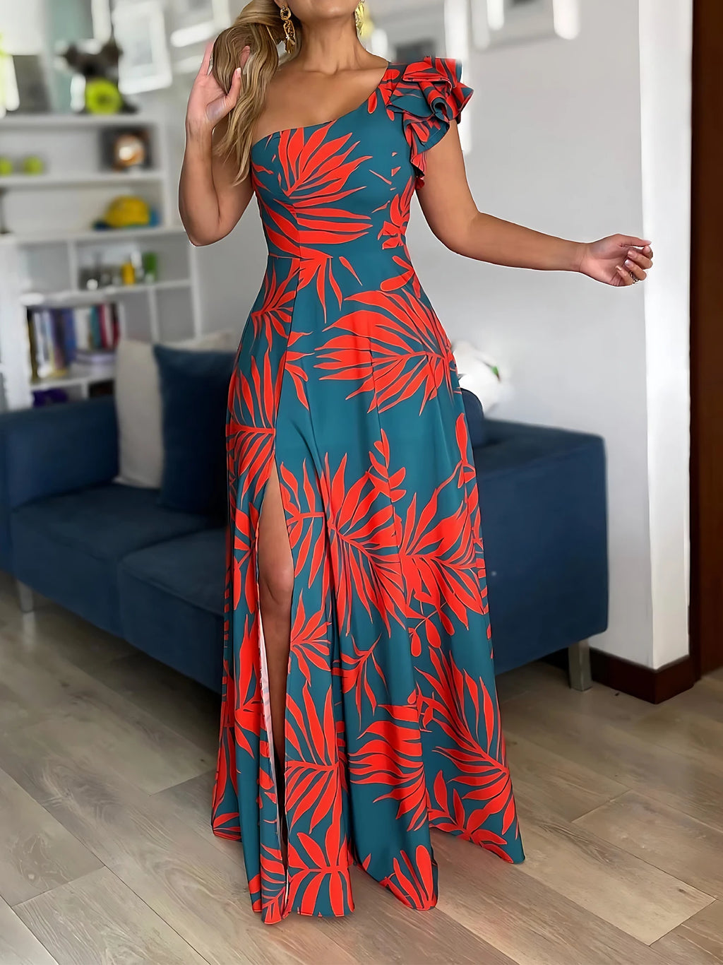 One Shoulder Tropical Print Maxi Dress for Women Split Hem Elegant Casual Style Woven Spring/Summer/Fall Vestido