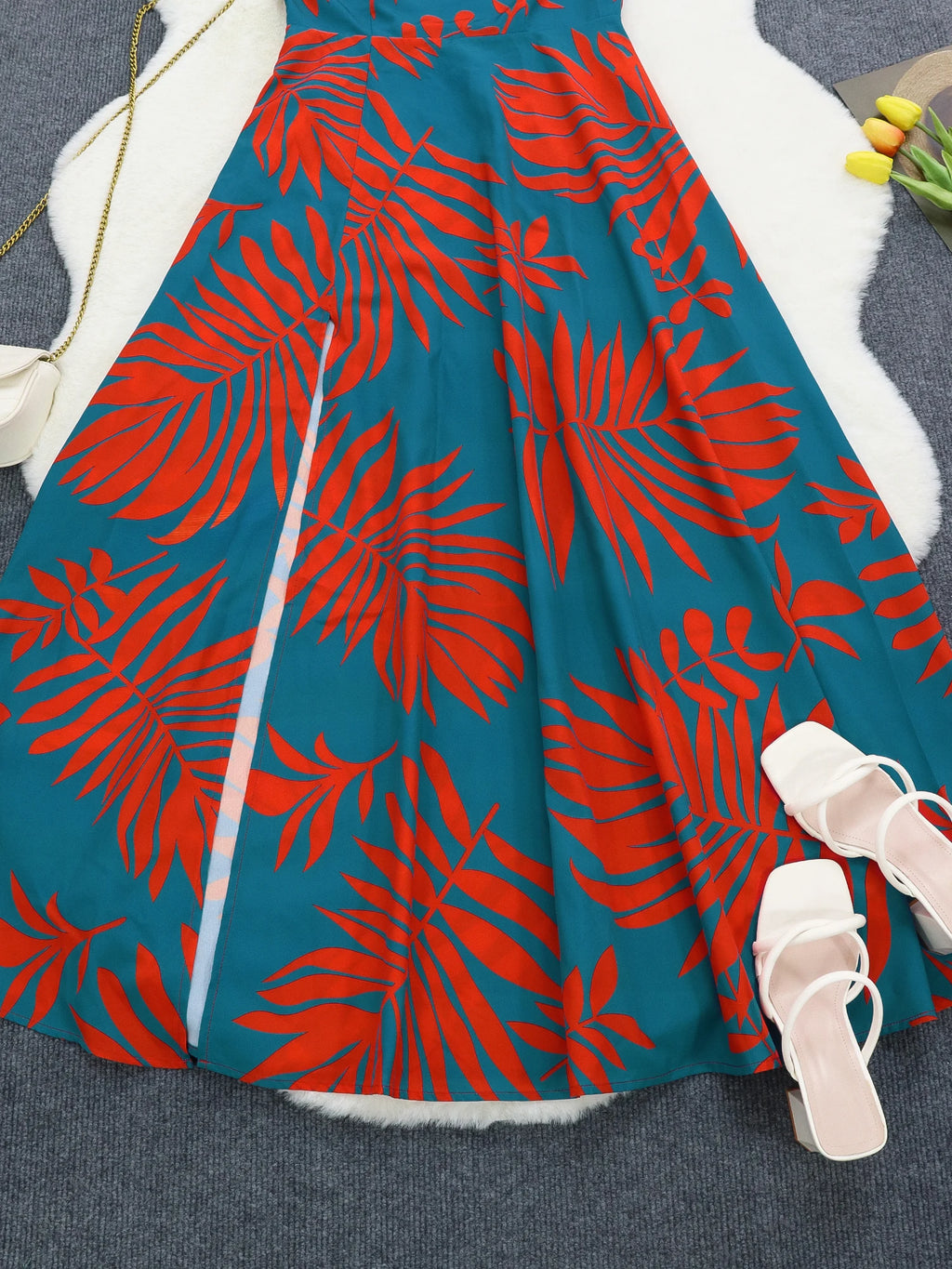 One Shoulder Tropical Print Maxi Dress for Women Split Hem Elegant Casual Style Woven Spring/Summer/Fall Vestido