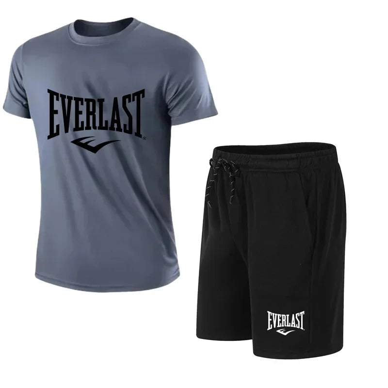EVERLAST Men's T-shirt + Shorts 2pcs Set Leisure Breath Short Sleeve Sport Jogging Gym Brand Print Clothing