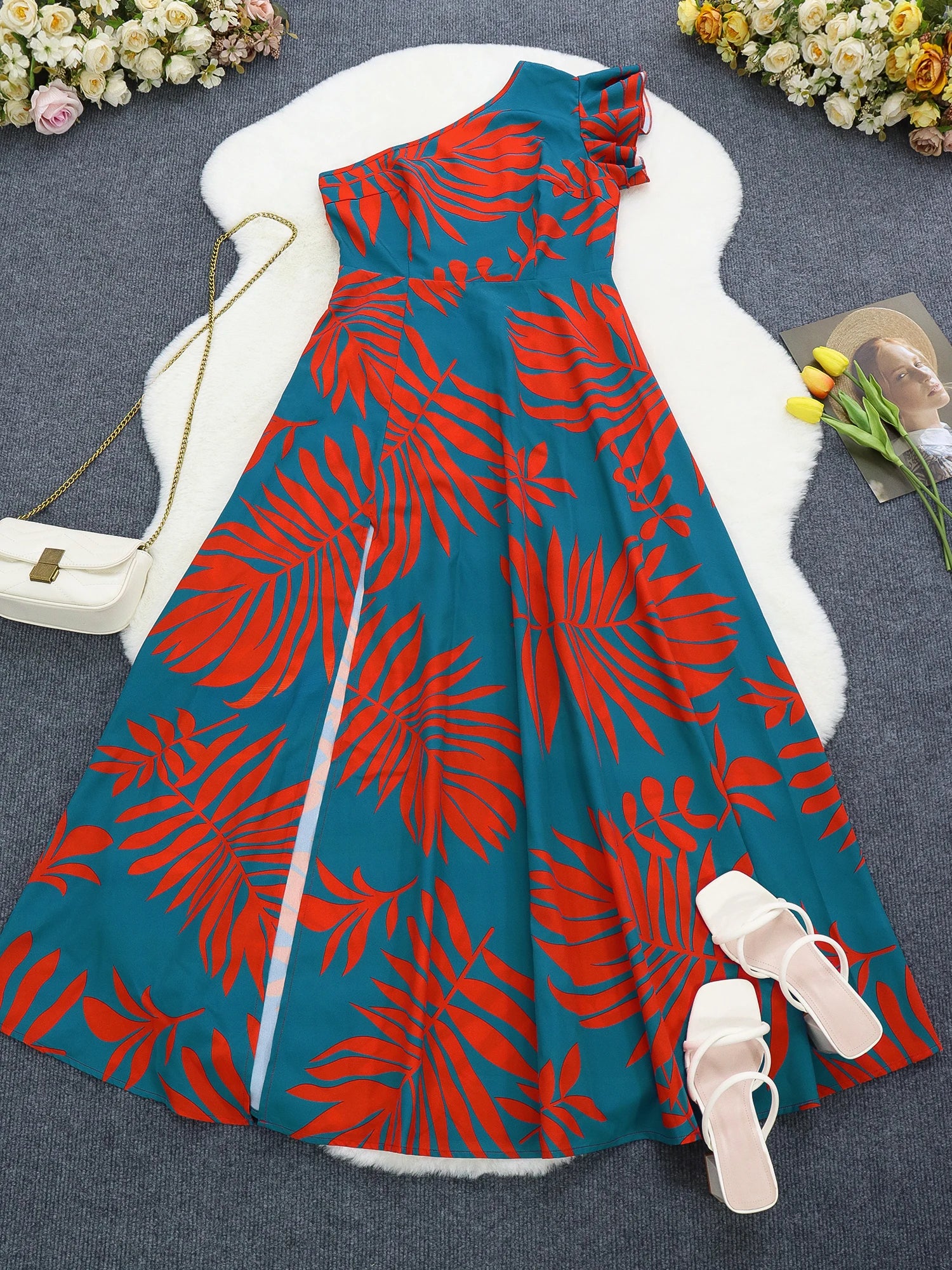 One Shoulder Tropical Print Maxi Dress for Women Split Hem Elegant Casual Style Woven Spring/Summer/Fall Vestido