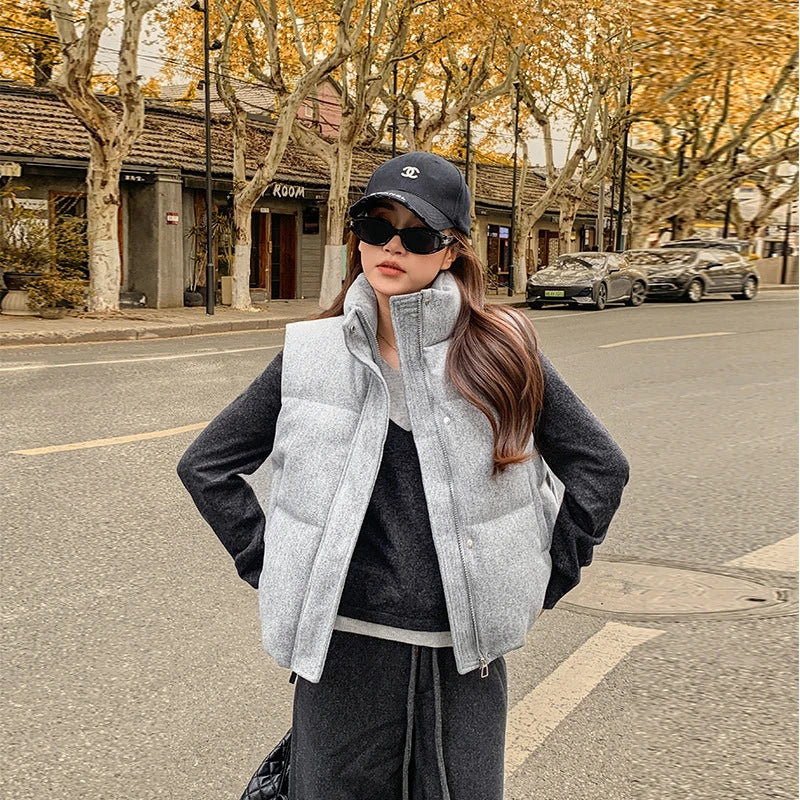 Short Down cotton Vest Women's 2025 Korean Fashion New Stand-up Sleeveless Zipper Student Vest Jacket Black Gray Waistcoat Tide